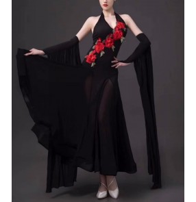 Black with red rose flowers ballroom dance dresses for women girls halter neck backless waltz tango foxtrot smooth dancing long skirts with sleeves for female